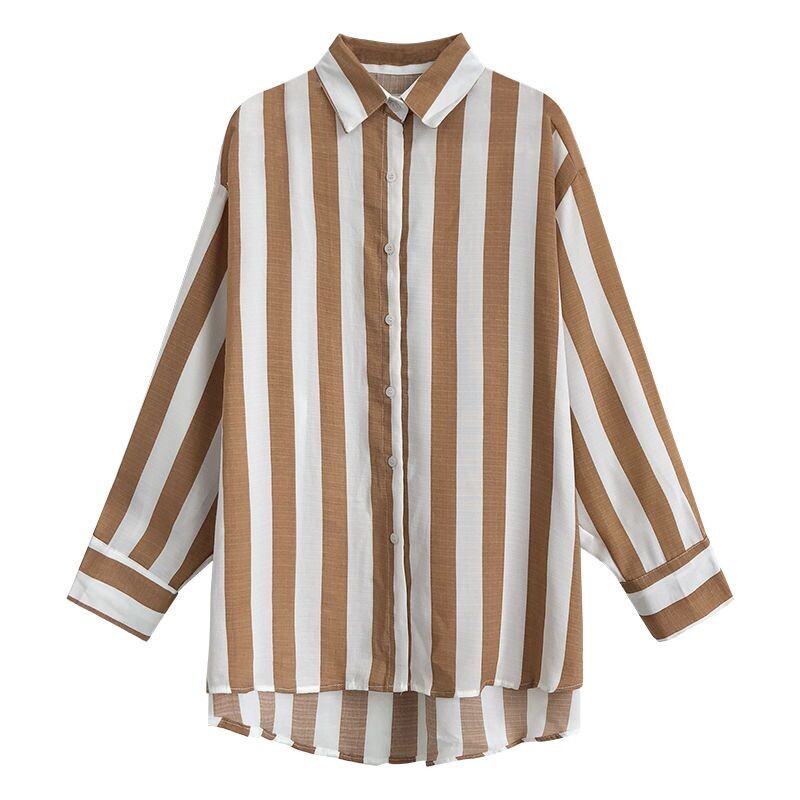 Moteriški Pavasaris Vasara Paprastumas Laisvi dryžuoti biuro moteriški polo apykaklės marškiniai ilgomis rankovėmis Moteriški madingi madingi madingi viršutiniai drabužiai