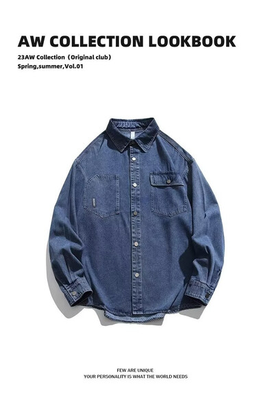 Korėjietiško stiliaus madingi skalbti džinsiniai marškinėliai, pavasario ir rudens retro stiliaus laisvi aukščiausios klasės darbo marškinėliai ilgomis rankovėmis