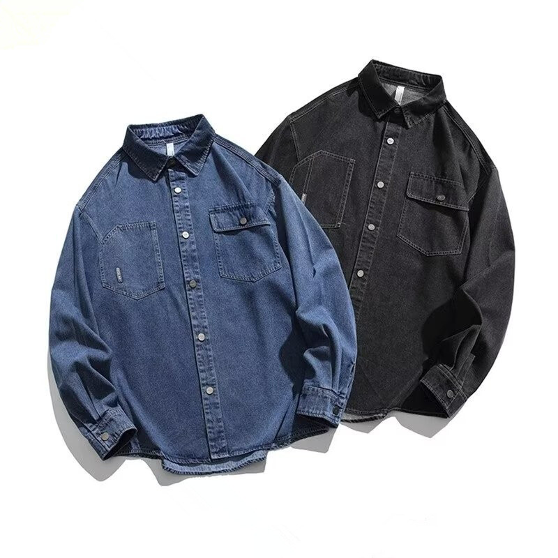 Korėjietiško stiliaus madingi skalbti džinsiniai marškinėliai, pavasario ir rudens retro stiliaus laisvi aukščiausios klasės darbo marškinėliai ilgomis rankovėmis