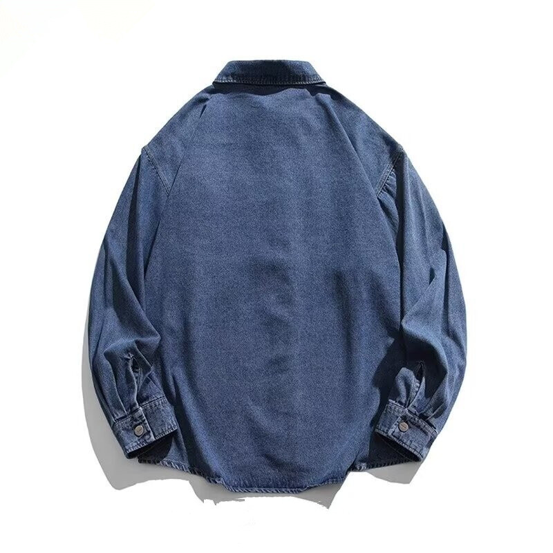 Korėjietiško stiliaus madingi skalbti džinsiniai marškinėliai, pavasario ir rudens retro stiliaus laisvi aukščiausios klasės darbo marškinėliai ilgomis rankovėmis