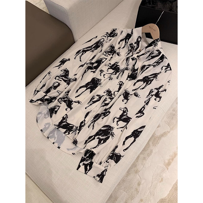 Moteriška Pavasaris Vasara Korėjietiška Paprasta Spauda Kontrastingos Spalvos Polo apykaklė Moteriški marškiniai Trend Button Šifonas ilgomis rankovėmis