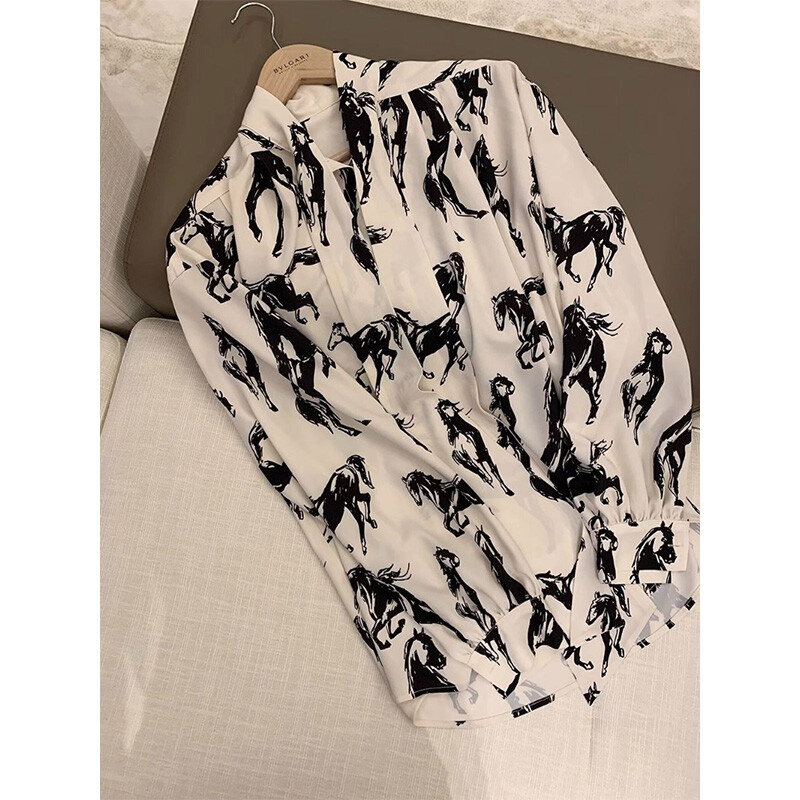 Moteriška Pavasaris Vasara Korėjietiška Paprasta Spauda Kontrastingos Spalvos Polo apykaklė Moteriški marškiniai Trend Button Šifonas ilgomis rankovėmis