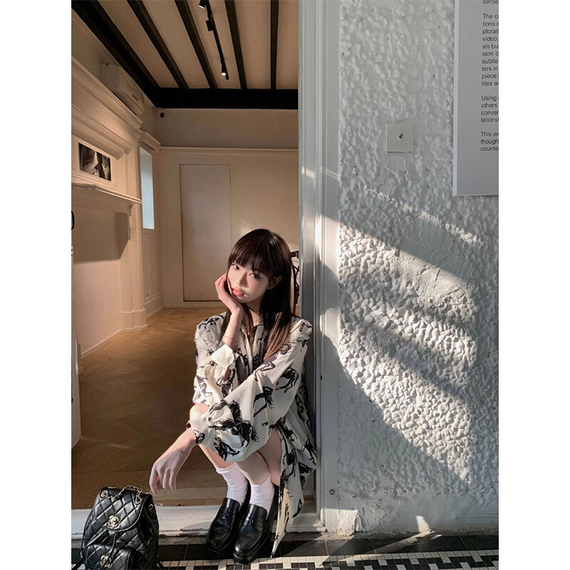 Moteriška Pavasaris Vasara Korėjietiška Paprasta Spauda Kontrastingos Spalvos Polo apykaklė Moteriški marškiniai Trend Button Šifonas ilgomis rankovėmis