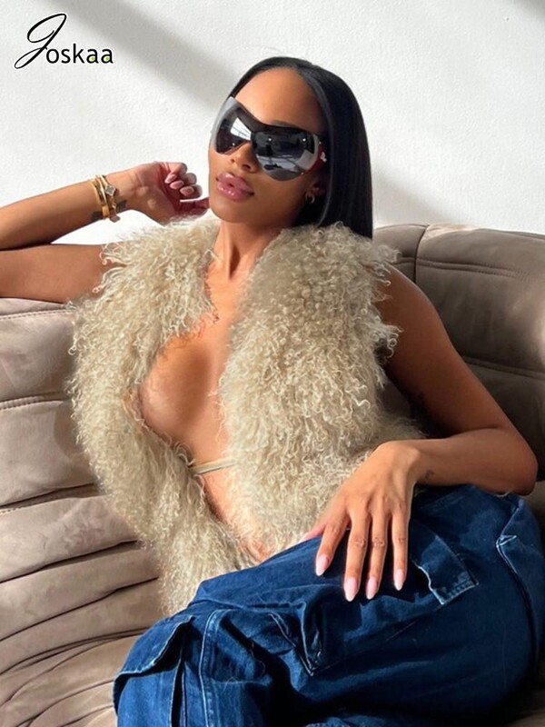 Joskaa pūkuotos raištinės liemenės, moteriškos hipsteriškos, seksualios, gilios V formos iškirptės, be nugaros surišamos viršutinės dalies žieminės mados šiltos liemenės vidurnakčio klubinė apranga