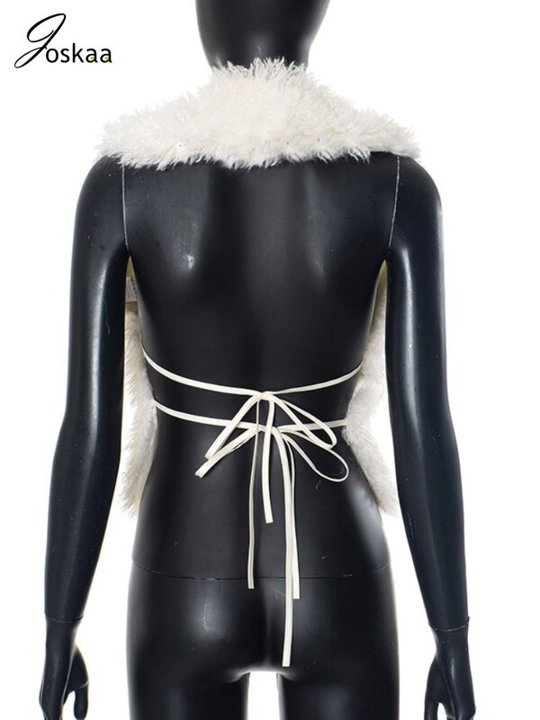 Joskaa pūkuotos raištinės liemenės, moteriškos hipsteriškos, seksualios, gilios V formos iškirptės, be nugaros surišamos viršutinės dalies žieminės mados šiltos liemenės vidurnakčio klubinė apranga