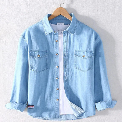 Prekės ženklo Schinteon 100 % medvilnės vyriški džinsiniai marškiniai su dviem priekinėmis kišenėmis ilgomis rankovėmis, atverčiamomis apykakle, laisvalaikio rudens marškinėliai vyriški