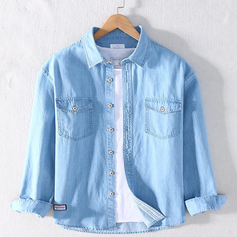 Prekės ženklo Schinteon 100 % medvilnės vyriški džinsiniai marškiniai su dviem priekinėmis kišenėmis ilgomis rankovėmis, atverčiamomis apykakle, laisvalaikio rudens marškinėliai vyriški