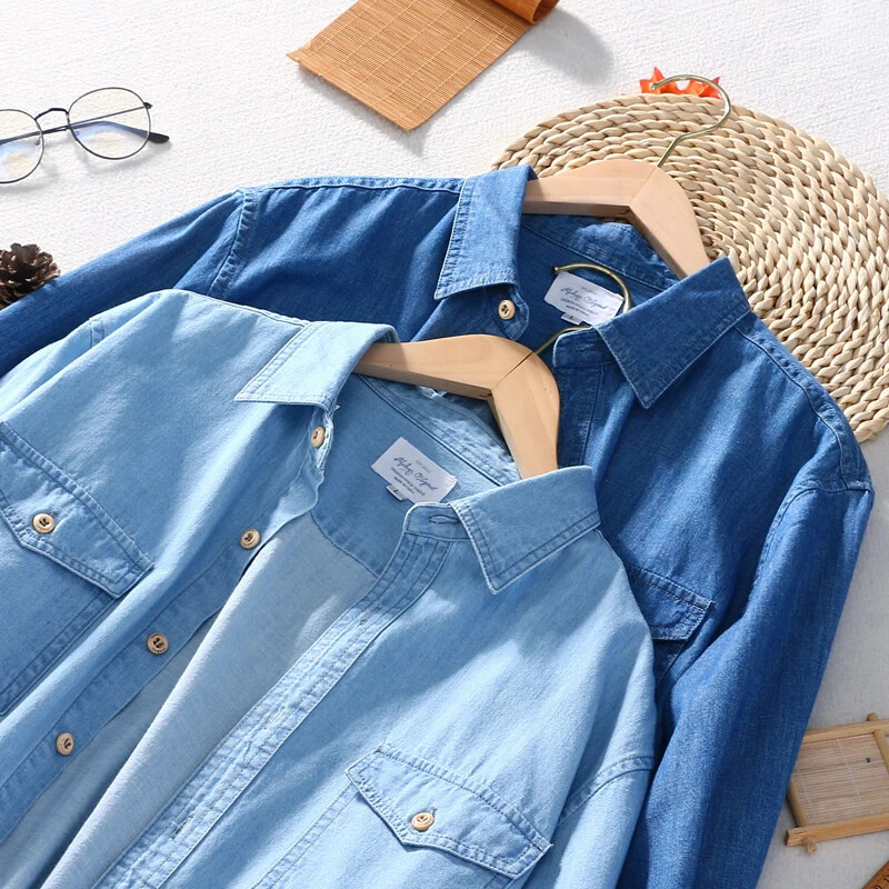 Prekės ženklo Schinteon 100 % medvilnės vyriški džinsiniai marškiniai su dviem priekinėmis kišenėmis ilgomis rankovėmis, atverčiamomis apykakle, laisvalaikio rudens marškinėliai vyriški