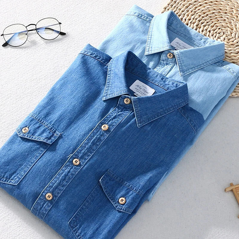 Prekės ženklo Schinteon 100 % medvilnės vyriški džinsiniai marškiniai su dviem priekinėmis kišenėmis ilgomis rankovėmis, atverčiamomis apykakle, laisvalaikio rudens marškinėliai vyriški