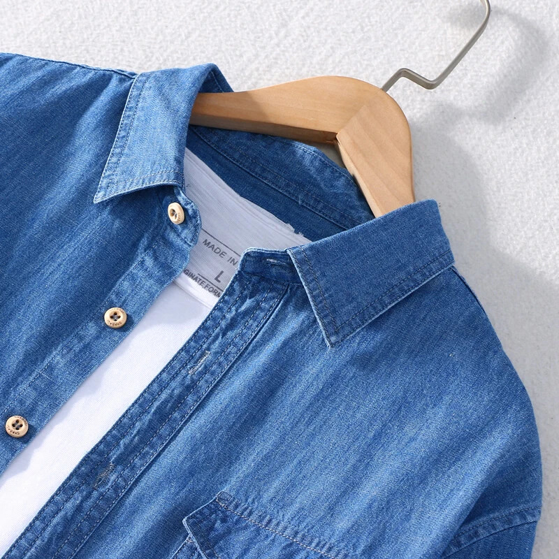 Prekės ženklo Schinteon 100 % medvilnės vyriški džinsiniai marškiniai su dviem priekinėmis kišenėmis ilgomis rankovėmis, atverčiamomis apykakle, laisvalaikio rudens marškinėliai vyriški