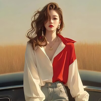 Raudoni ir balti kontrastingi marškinėliai ilgomis rankovėmis moterims, 2025 m. Nauji ankstyvo rudens korėjietiško stiliaus elegantiški šalto stiliaus tinginiai marškinėliai