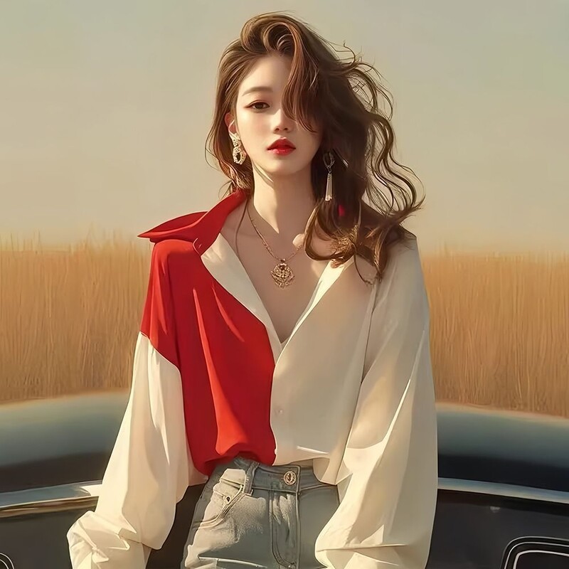 Raudoni ir balti kontrastingi marškinėliai ilgomis rankovėmis moterims, 2025 m. Nauji ankstyvo rudens korėjietiško stiliaus elegantiški šalto stiliaus tinginiai marškinėliai