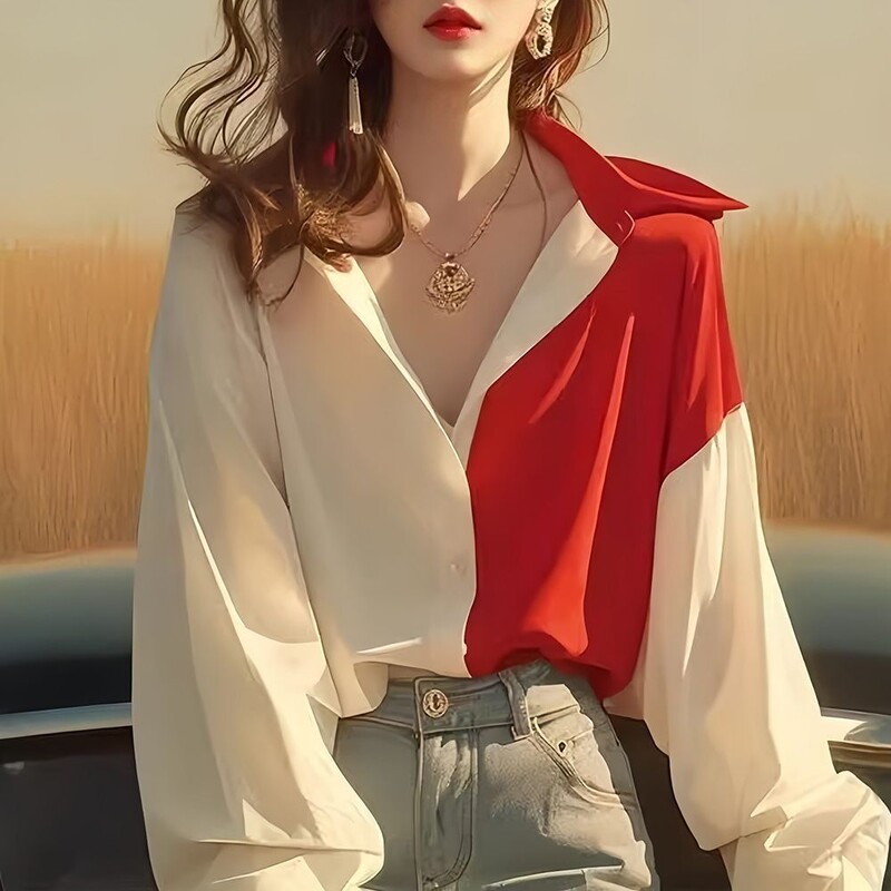 Raudoni ir balti kontrastingi marškinėliai ilgomis rankovėmis moterims, 2025 m. Nauji ankstyvo rudens korėjietiško stiliaus elegantiški šalto stiliaus tinginiai marškinėliai