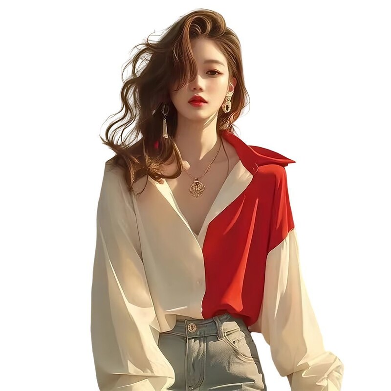 Raudoni ir balti kontrastingi marškinėliai ilgomis rankovėmis moterims, 2025 m. Nauji ankstyvo rudens korėjietiško stiliaus elegantiški šalto stiliaus tinginiai marškinėliai