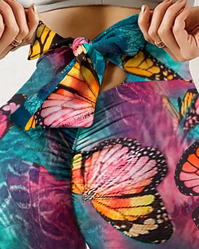 Seksualūs aukštu juosmeniu lankstyti antblauzdžiai su drugeliu raštu jogos kelnaitės, tvarstomos pėdkelnės moterims Push Up Exercise, fitneso treniruotės, antblauzdžiai