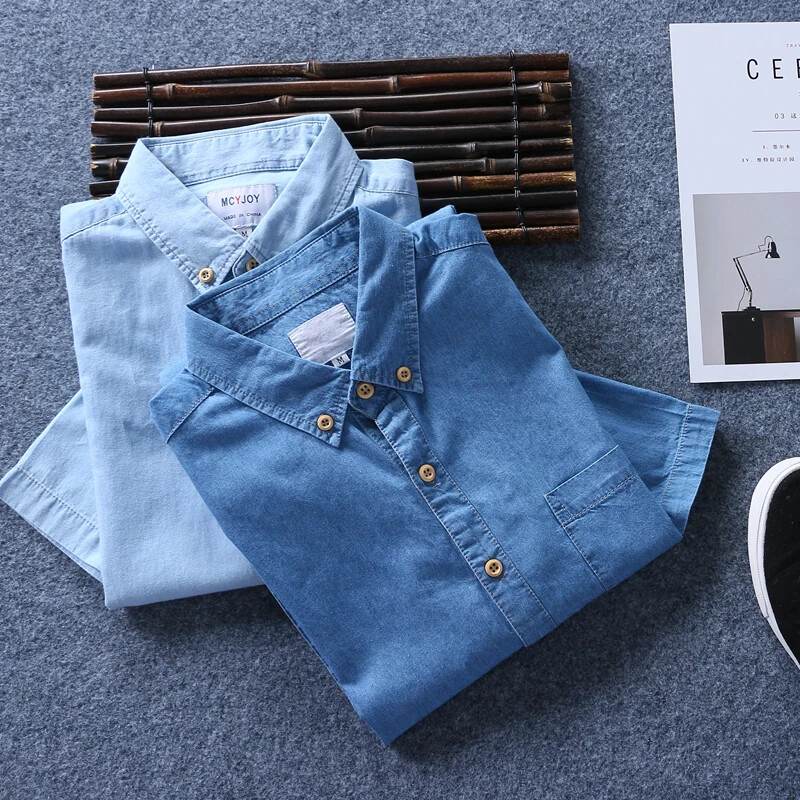 „Schinteon“ aukščiausios kokybės vasariniai vyriški džinsiniai marškiniai trumpomis rankovėmis, minkšti 100 % medvilnė, viena kišenė ploni džinsai kaubojus 4XL greitas pristatymas