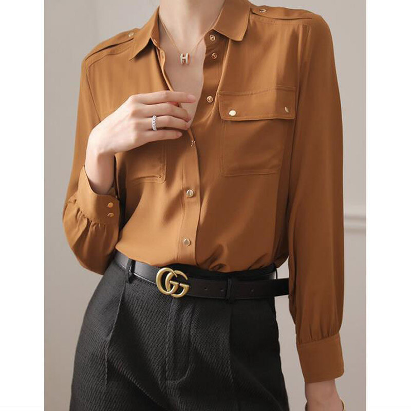 Pavasario vasaros moteriški marškiniai su dviguba kišene ilgomis rankovėmis POLO apykakle su viena krūtine, laisva, vientisa, profesionali Retro viršūnė