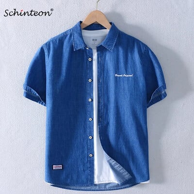 Schinteon Men Summer Thin 100% Pure Cotton Denim Shirt Short sleeved Shirt Casual Letter Embroidery Jeans Shirt 2024