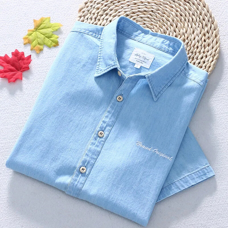 „Schinteon“ vyriški vasariniai ploni 100 % grynos medvilnės džinsiniai marškiniai trumpomis rankovėmis, laisvalaikio apverčiama apykakle, siuvinėta apykakle, siuvinėti džinsai, 2024 m.