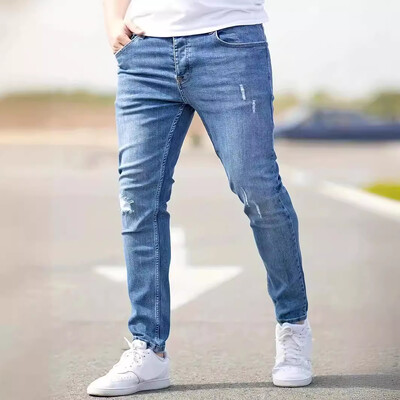 Blugi bărbați în dificultate Denim Găuri Skinny Vintage Wash Pantaloni creion uni 2024 Lungime la gleznă Teaca Punk Buzunare Subțire