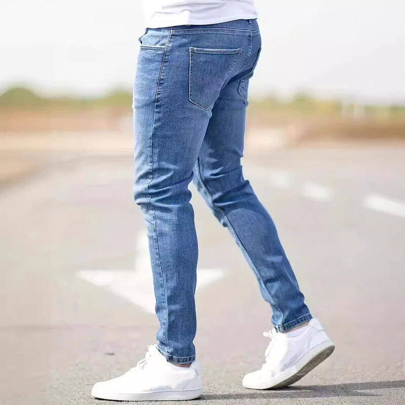 Distressed Vīriešu džinsi Džinsu caurumi Skinny Vintage Wash Solid Pencil Bikses 2024 Potītes Garums Apvalks Punk Style Kabatas Slim