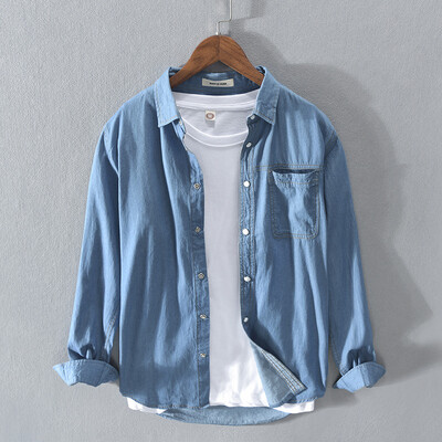 2024 m. pavasario drabužiai Vyriški džinsiniai kišeniniai marškinėliai ilgomis rankovėmis Laisvalaikiai korėjietiški, palaidi sagomis Gatvės apranga Prabangūs Didelio Dydžio Stilingi