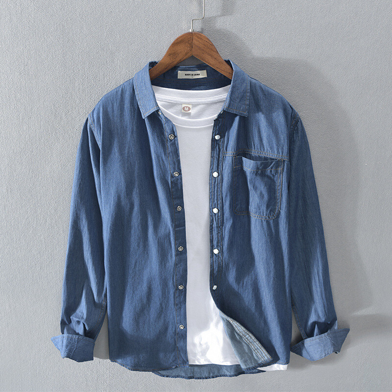 2024 m. pavasario drabužiai Vyriški džinsiniai kišeniniai marškinėliai ilgomis rankovėmis Laisvalaikiai korėjietiški, palaidi sagomis Gatvės apranga Prabangūs Didelio Dydžio Stilingi