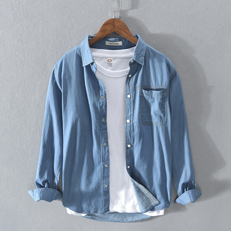 2024 m. pavasario drabužiai Vyriški džinsiniai kišeniniai marškinėliai ilgomis rankovėmis Laisvalaikiai korėjietiški, palaidi sagomis Gatvės apranga Prabangūs Didelio Dydžio Stilingi