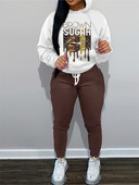 Didelio dydžio moteriškas kelnių kostiumas ilgomis rankovėmis su gobtuvu, laisvos laisvalaikio kelnės, raidžių raštas, XL-5XL, naujas, ruduo ir žiema, 2024 m.