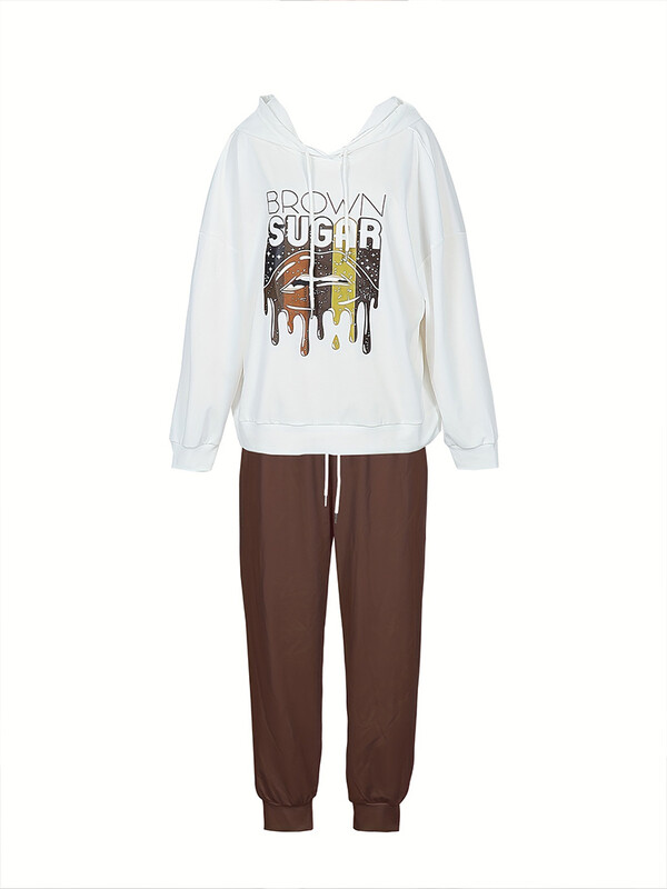 Didelio dydžio moteriškas kelnių kostiumas ilgomis rankovėmis su gobtuvu, laisvos laisvalaikio kelnės, raidžių raštas, XL-5XL, naujas, ruduo ir žiema, 2024 m.