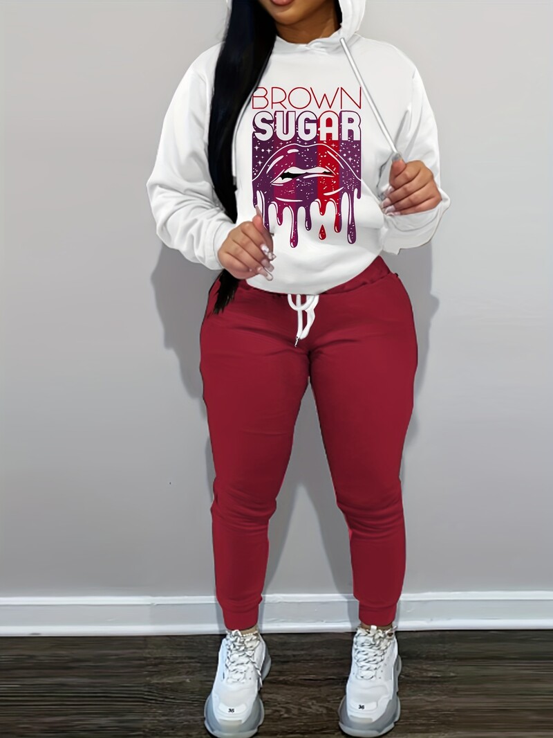 Didelio dydžio moteriškas kelnių kostiumas ilgomis rankovėmis su gobtuvu, laisvos laisvalaikio kelnės, raidžių raštas, XL-5XL, naujas, ruduo ir žiema, 2024 m.