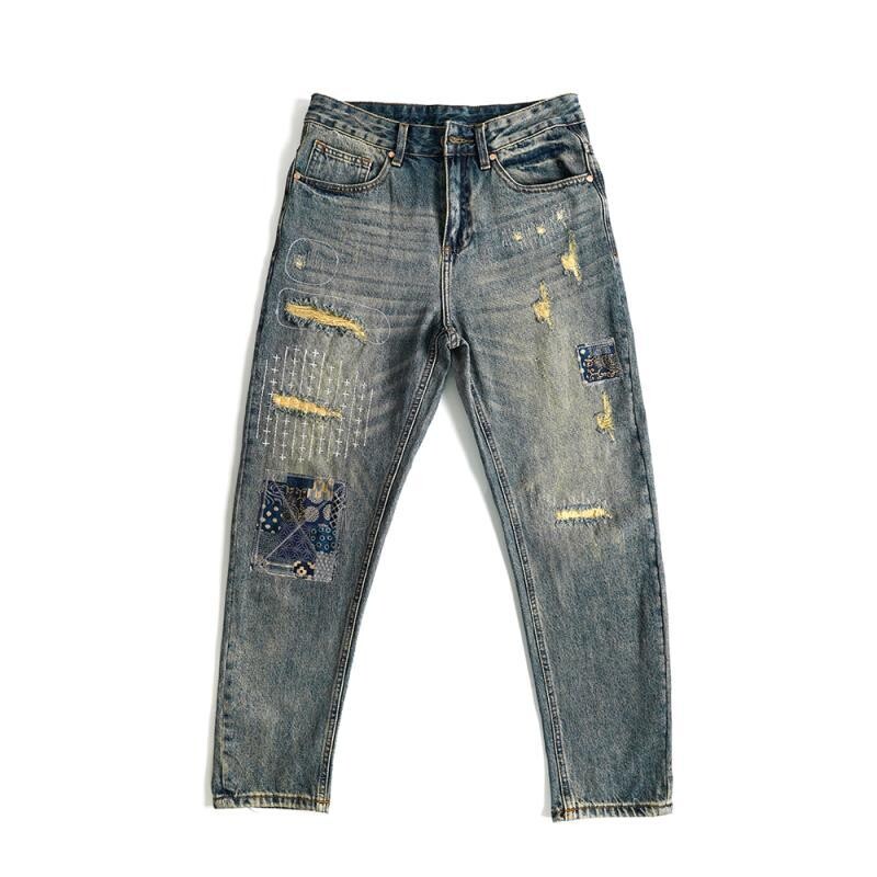 Vyriškos madingos amerikietiškos „High Street“ suplėšytos, išraižytos pataisos, paprastos, tiesios kelnės, džinsinės kelnės