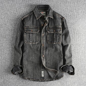 Teška britanska retro crna siva traper košulja na pruge za muškarce, nova jesenska košulja s jednim kargo džepom