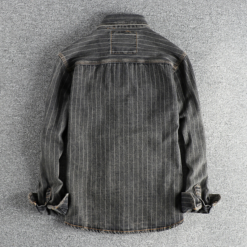 Teška britanska retro crna siva traper košulja na pruge za muškarce, nova jesenska košulja s jednim kargo džepom