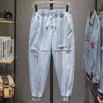 Ανδρικό ανοιχτό μπλε τζιν παντελόνι Trendy Loose Harem Jeans Ρετρό παντελόνι μέχρι τον αστράγαλο με ελαστικές μανσέτες Cargo Pants Plus Size 5XL