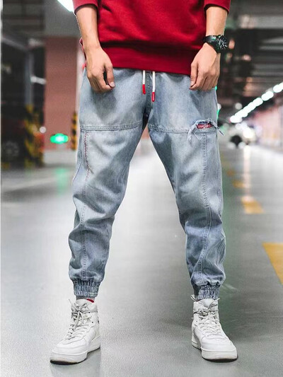 Šviesiai mėlynos džinsinės kelnės vyrams Madingos laisvos Harem Jeans Retro kelnės iki kulkšnies su elastingais rankogaliais Cargo Pants Plus Dydis 5XL