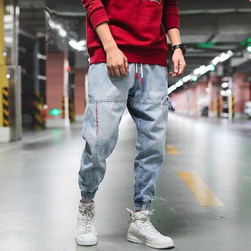 Gaiši zilas džinsu bikses vīriešiem Trendy Loose Harem Jeans Retro bikses līdz potītēm ar elastīgām aprocēm Cargo Pants Liela izmēra 5XL