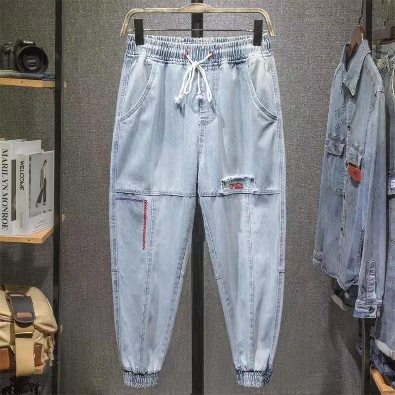 Gaiši zilas džinsu bikses vīriešiem Trendy Loose Harem Jeans Retro bikses līdz potītēm ar elastīgām aprocēm Cargo Pants Liela izmēra 5XL