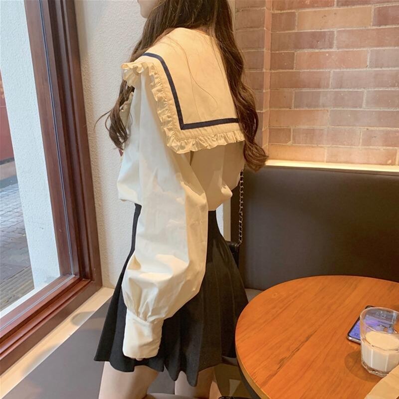 Sailor Collar Fold Edge marškinėliai ilgomis rankovėmis Pavasario Rudens Nauji Laisvi Laisvi Populiari Palaidinė Top Saldūs Prašmatnūs madingi drabužiai moterims