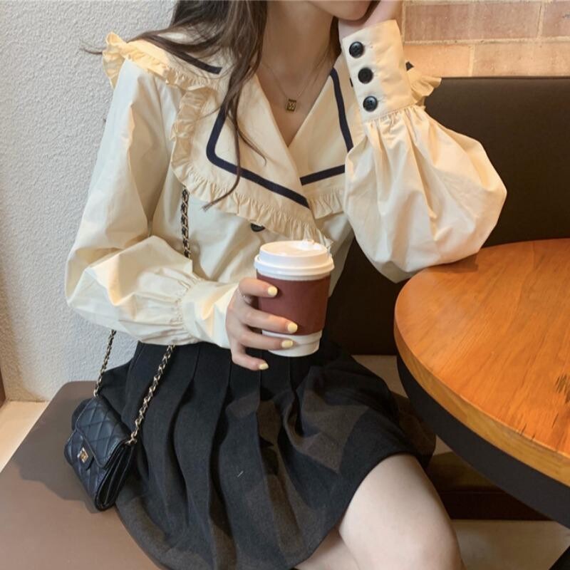 Sailor Collar Fold Edge marškinėliai ilgomis rankovėmis Pavasario Rudens Nauji Laisvi Laisvi Populiari Palaidinė Top Saldūs Prašmatnūs madingi drabužiai moterims