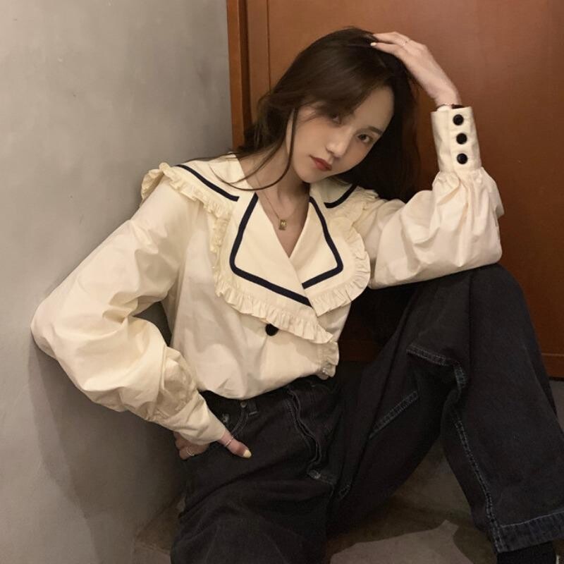 Sailor Collar Fold Edge marškinėliai ilgomis rankovėmis Pavasario Rudens Nauji Laisvi Laisvi Populiari Palaidinė Top Saldūs Prašmatnūs madingi drabužiai moterims
