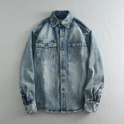 Cămașă din denim cu spălare nostalgică cu fulgi de nea Tooling pentru bărbați Jachetă retro cu mânecă lungă pentru bărbați de toamnă