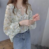 Didelio dydžio prancūziški fėjos marškinėliai su V formos iškirpte gėlėtais šifoniniais marškinėliais moterims su plonais marškinėliais pavasario ir vasaros laisvas viršus