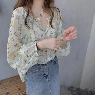 Didelio dydžio prancūziški fėjos marškinėliai su V formos iškirpte gėlėtais šifoniniais marškinėliais moterims su plonais marškinėliais pavasario ir vasaros laisvas viršus