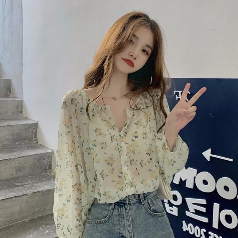 Didelio dydžio prancūziški fėjos marškinėliai su V formos iškirpte gėlėtais šifoniniais marškinėliais moterims su plonais marškinėliais pavasario ir vasaros laisvas viršus