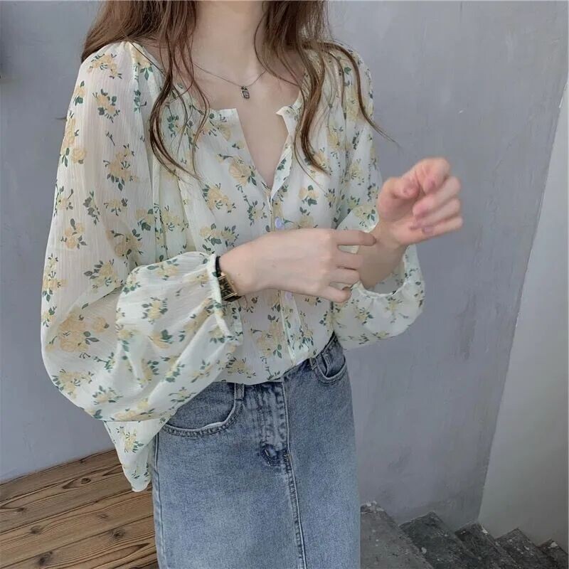 Didelio dydžio prancūziški fėjos marškinėliai su V formos iškirpte gėlėtais šifoniniais marškinėliais moterims su plonais marškinėliais pavasario ir vasaros laisvas viršus