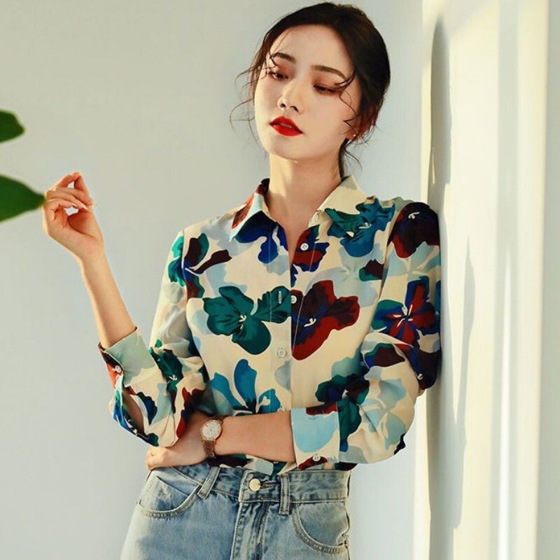Moterų pavasario rudens mada Biuro moteriški marginimai Laisvi polo apykaklės marškiniai ilgomis rankovėmis Moteriški laisvalaikio madingi šifoniniai viršutiniai drabužiai