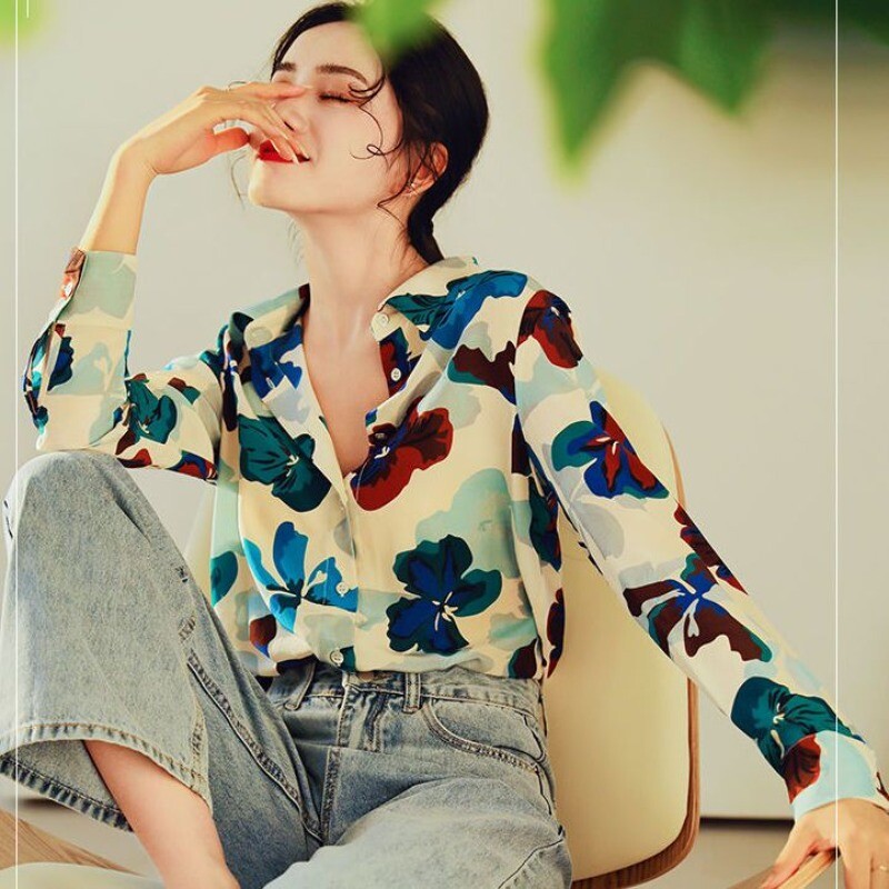 Moterų pavasario rudens mada Biuro moteriški marginimai Laisvi polo apykaklės marškiniai ilgomis rankovėmis Moteriški laisvalaikio madingi šifoniniai viršutiniai drabužiai