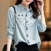 Moteriški pavasario rudens laisvalaikio paprastumas dryžuoti vienspalviai polo apykaklės marškiniai ilgomis rankovėmis Moteriški madingi madingi madingi viršutiniai drabužiai