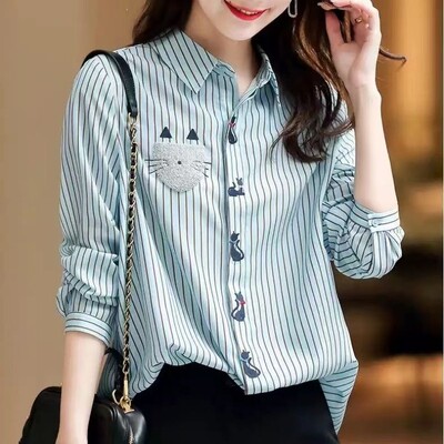 Moteriški pavasario rudens laisvalaikio paprastumas dryžuoti vienspalviai polo apykaklės marškiniai ilgomis rankovėmis Moteriški madingi madingi madingi viršutiniai drabužiai